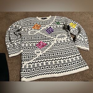 White and Black Patterned vintage Sweater with Colorful Accents